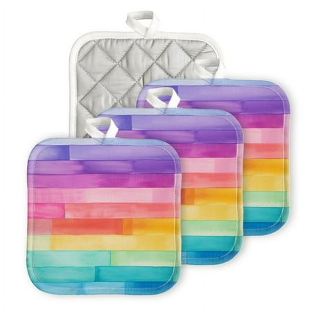 

BaHomeck Pot Holders 4pcs dacron Made Square heat-resisting mat Machine Washable for Kitchen Oven Hot Pads 6.7inch*6.7inch Rainbow Of Watercolor Stripes