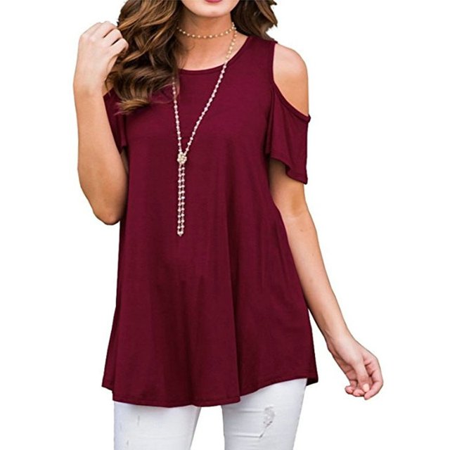 DYMADE Womens Cold Shoulder Soild Casual Tunic Blouse Tops