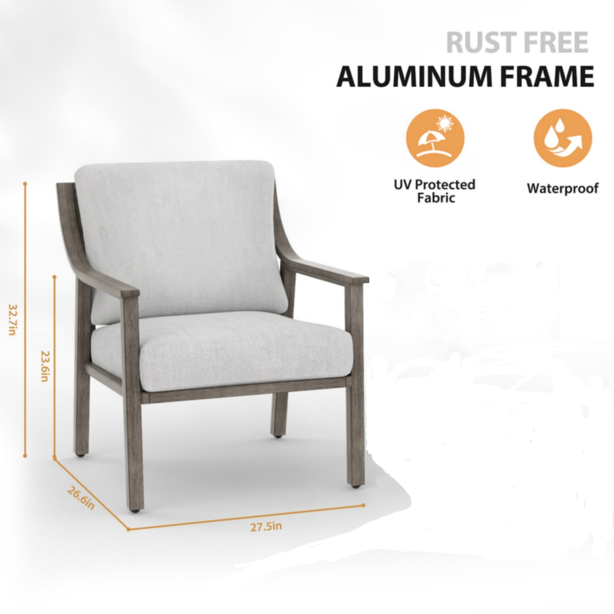 T-Patio Aluminum Outdoor Lounge Chairs, Patio Furniture Armchair, Grey, Set of 1