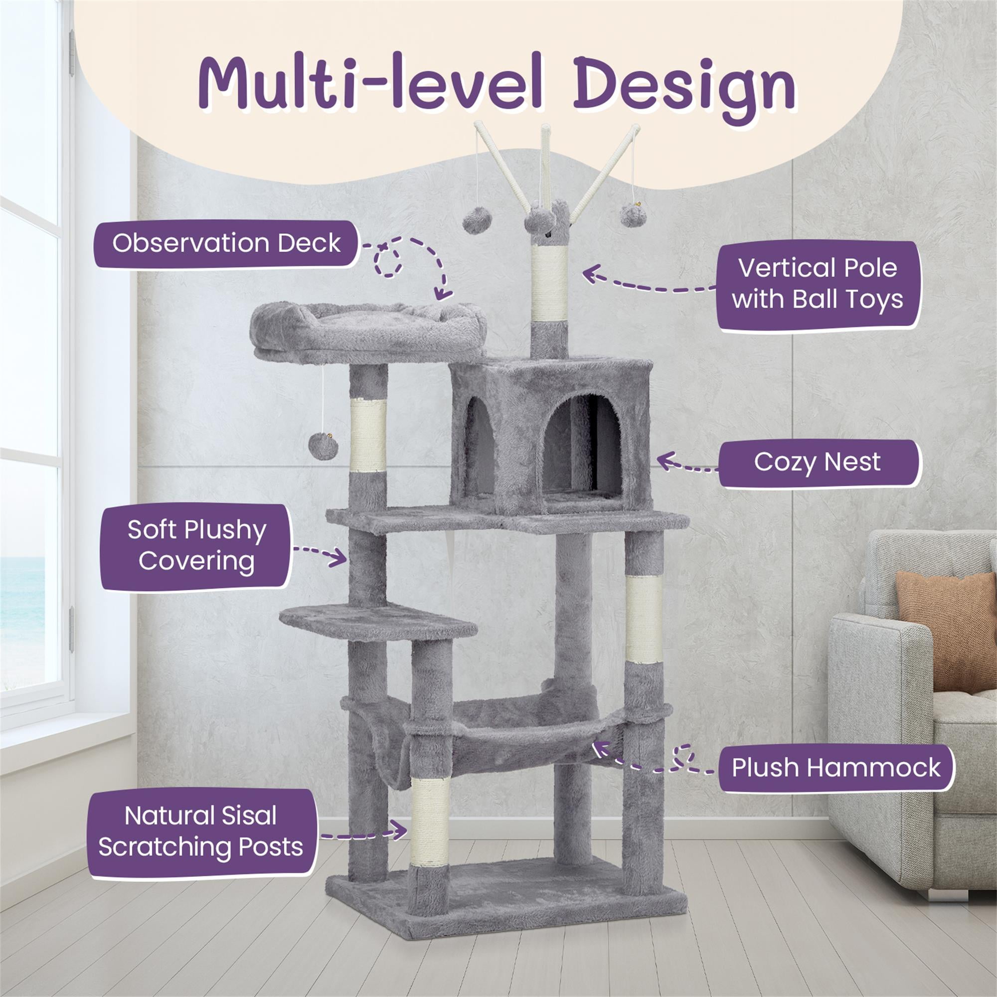 Kadyn 58" Cat Tree Tower for Indoor Cats, Cat House with Padded Platform Bed, Toy Balls, Large Cozy Condo, Hammocks and Sisal Scratching Posts, Light Gray
