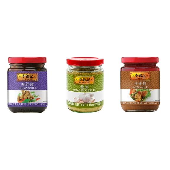 NineChef Brand Spoon Plus 3 Pack Lee Kum Kee Cooking Sauce, 3 Flavors(Hoisin Sauce,Minced Garlic Sauce,Satay Sauce)