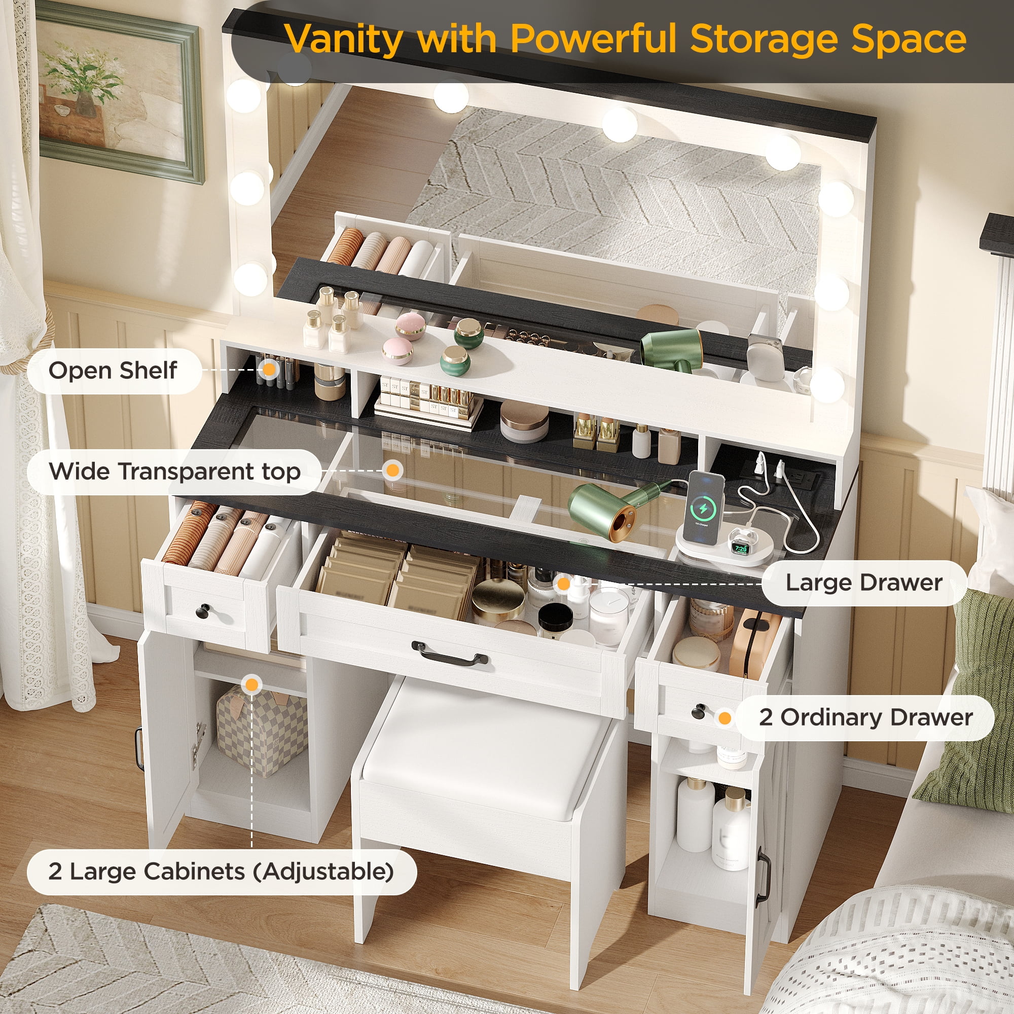 Vabches Farmhouse Vanity Set with Mirror and Lights,Glass Top Makeup Vanity Desk with Chair & Charging Station, White