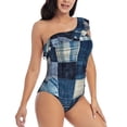 thumbnail image 3 of Zufioo Indigo Patchwork Quilt Print One-shoulder Ruffled One-piece Swimsuit, High Elastic Integrated Removable Chest Pad Swimsuit Suitable for Beach, Pool and Vacation-X-Large, 3 of 6