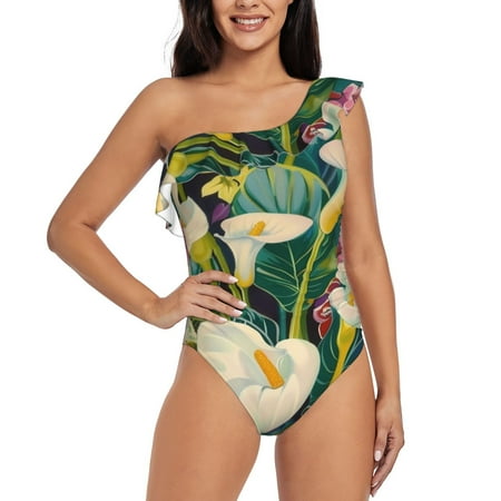 Tebeau Tropical Floral Jungle Print Women s One Piece Swimsuits One Shoulder Swimwear Asymmetric Ruffle Monokinis Bathing Suits-Large