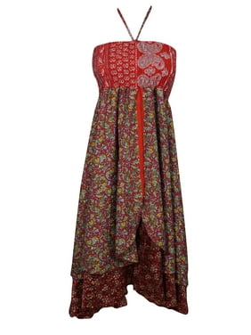 Mogul Just One Look Recycled Silk Sari Vintage Two Layer Bohemian Style Printed Evening Boho Chic Summer Halter Dress