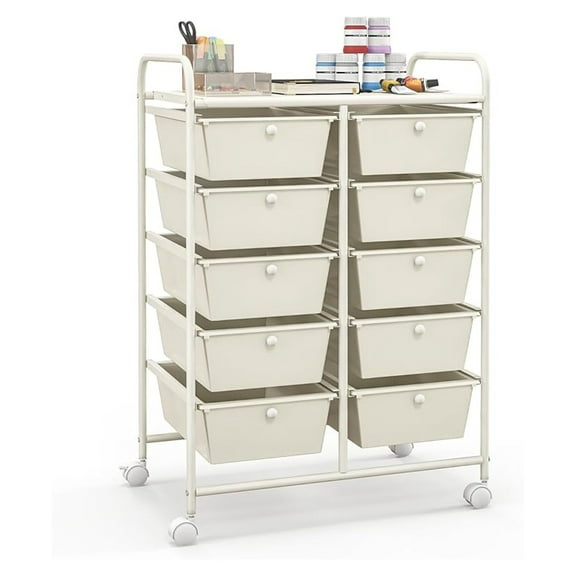 WDZS 10 Drawers Rolling Cart, Classroom Organizers, Storage Cart with Wheels, for Teacher Office Home School Supplies Tool Craft Art Paper, Ivory Color