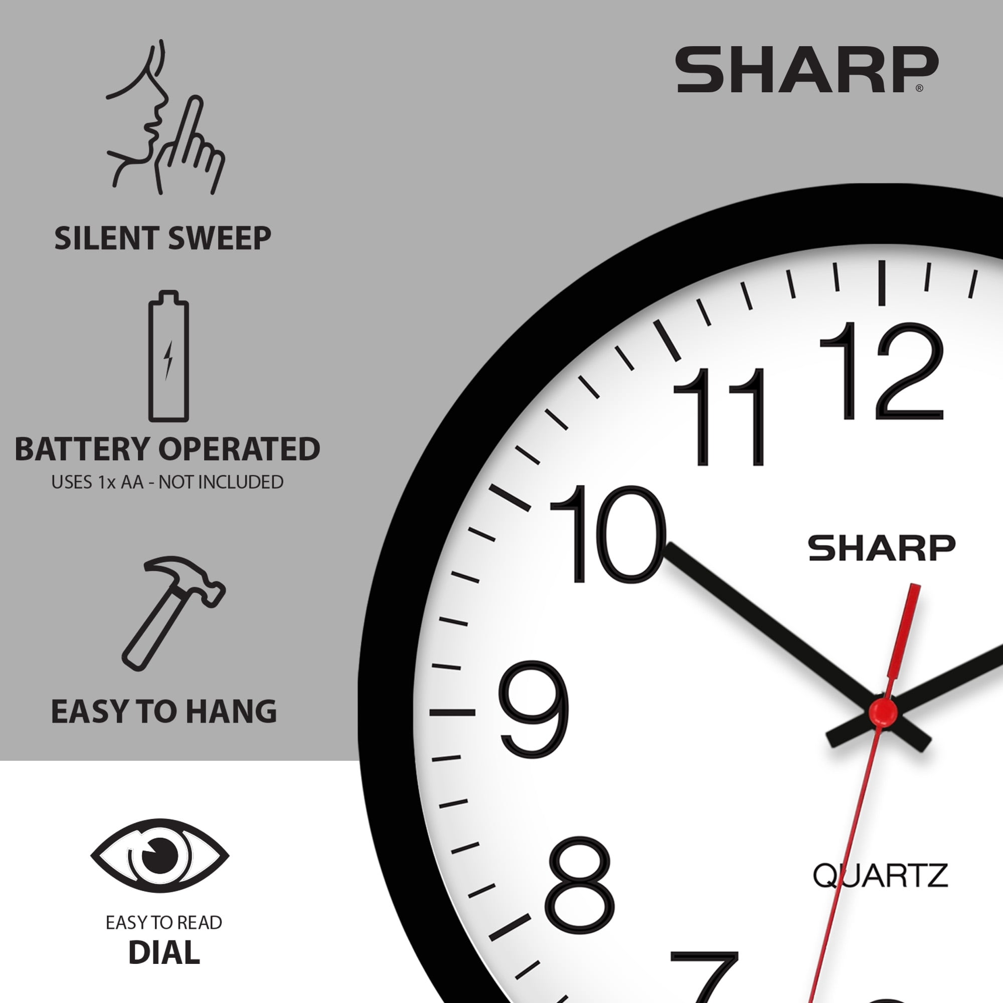 Sharp 14 Inch Silent Non Ticking Wall Clock, Quartz, Battery Operated, Round, Black