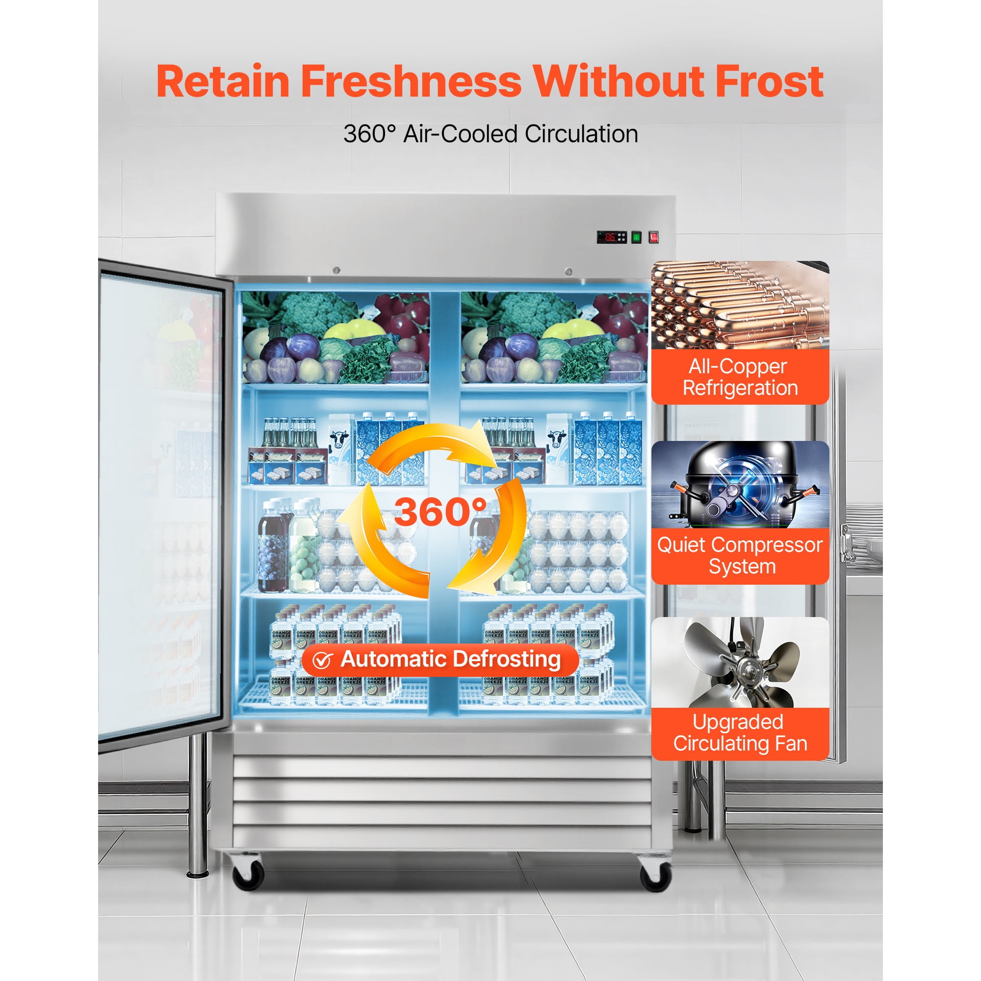 KFFKFF Commercial Stainless Steel Refrigerator 54" W, 44 Cu.Ft Upright Fridge with Double Glass Doors, Auto-Defrost, 8 Adjustable Shelves, 32-50℉ Temperature Range, ETL Certified