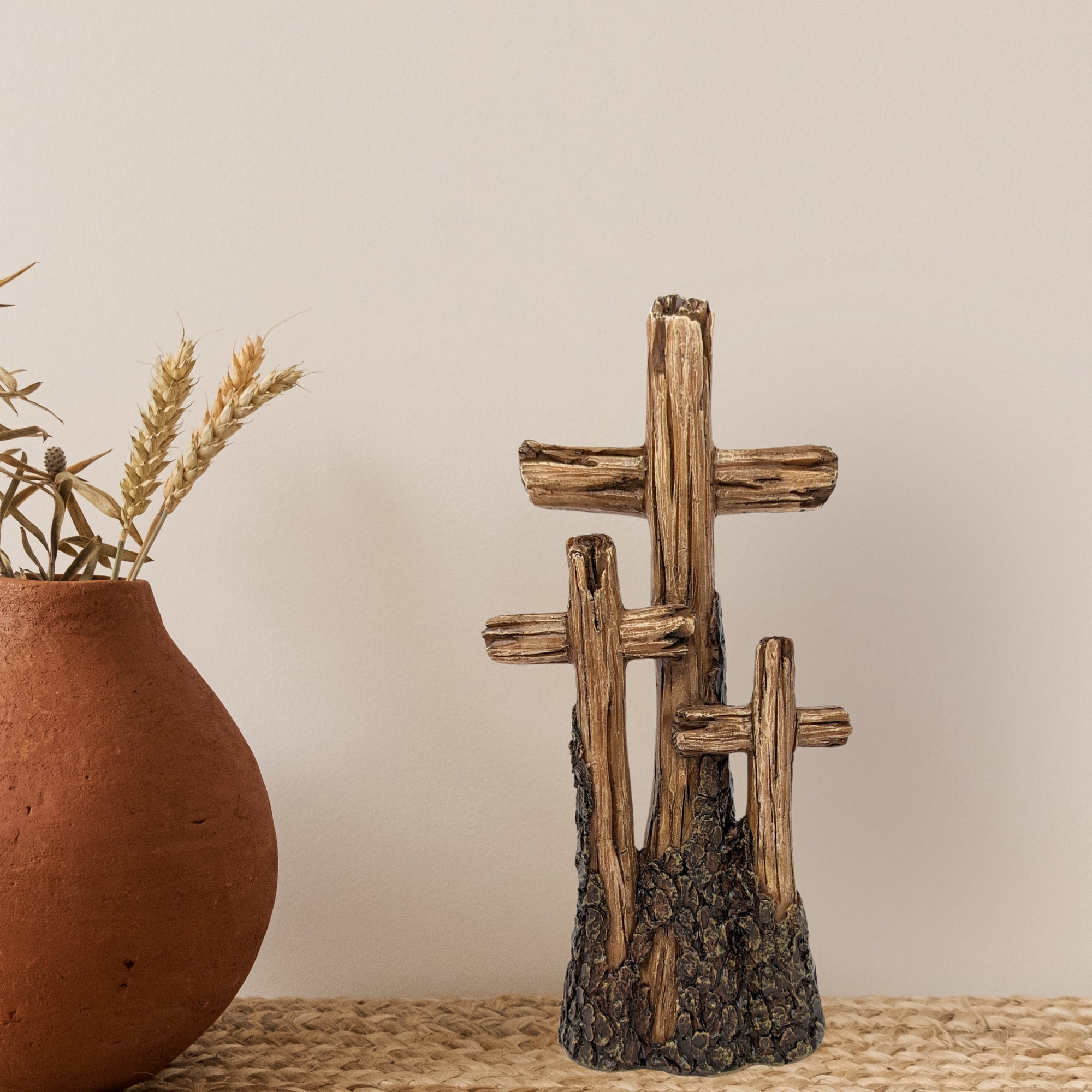 Rustic Tabletop Resin Cross - Driftwood Design with Three Crosses on a Hill - Spiritual Home Décor for Living Room, Bedroom, and Gift for Family & Friends