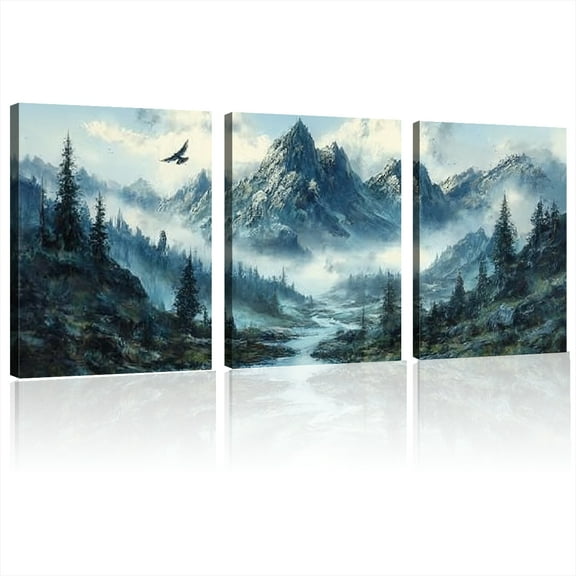 Black Framed Canvas Wall Art For Living Room Large Wall Decor For Office Bedroom Home Decorations Mountain Wall Painting Fog Forest Landscape Pictures Prints Posters Artwork 12x16x3pcs