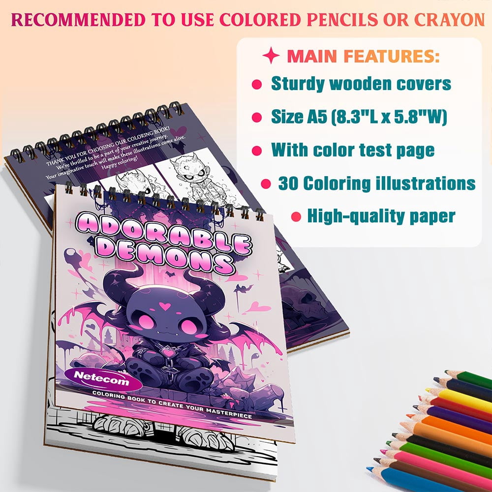 Adorable Demons Coloring Book Spiral Bound For Adults, A5 Wooden Cover, 30 Playful Coloring Pages in Cute Demon Characters for Stress Relief and Relaxation