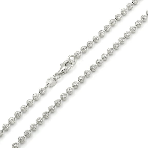 925 Italian Sterling Silver 3mm Ball Bead Moon Cut Chain, FREE Microfiber Cloth, Rhodium Dog Tag Solid Mens Womens Necklace 16" - 36", Giorgio Bergamo