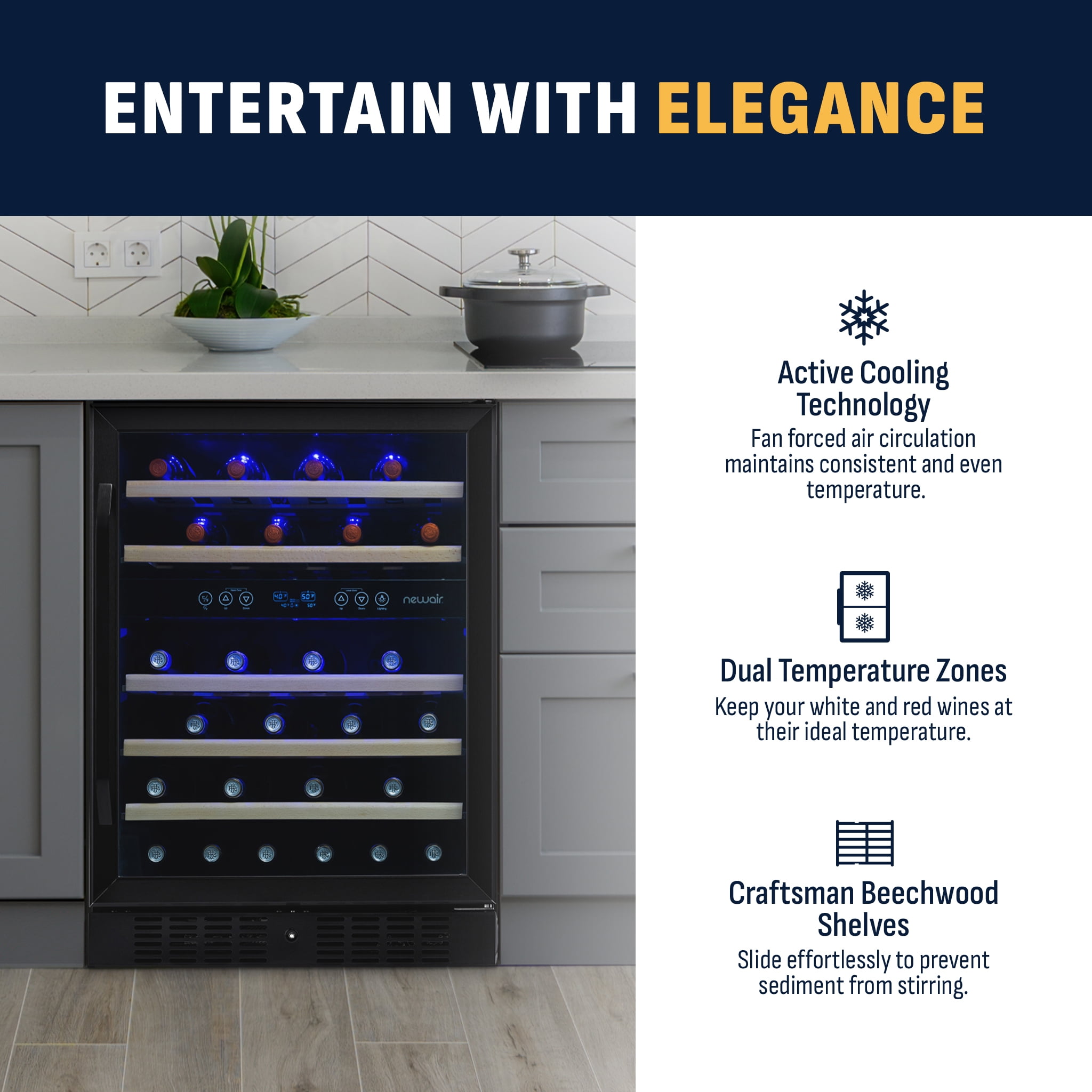 Newair 24-inch 46 Bottle Wine Cooler Refrigerator, Built-in Dual Zone Wine Fridge in Black Stainless Steel for Home, Office or Bar