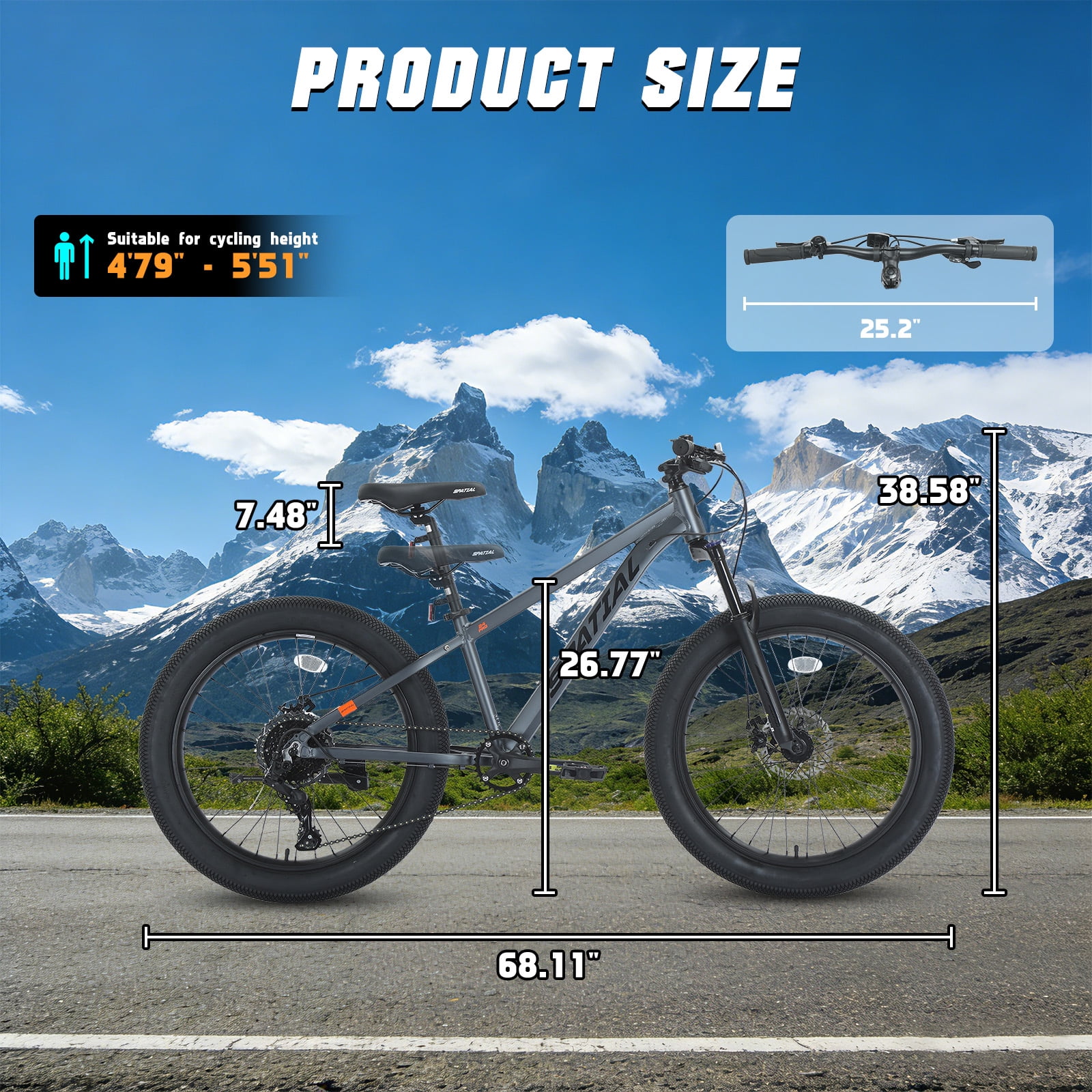 SPATIAL 24 inch Pro Fat Mountain Bike,8-Speed Gears MTB Mountain Bikes,Aluminum Frame Dual Disc Brakes,Dark Gray