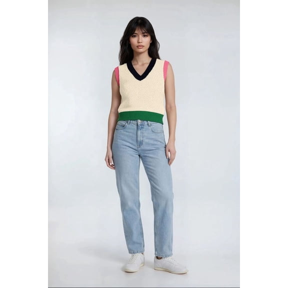 Forever 21 Colorblock V-Neck Sweater Vest, Color-Cream/Multi, Size-Xs