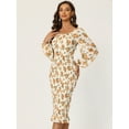 thumbnail image 2 of Unique Bargains Women's Floral Ruffles Lantern Sleeves Bodycon Mermaid Smocked Dress XL Beige, 2 of 6