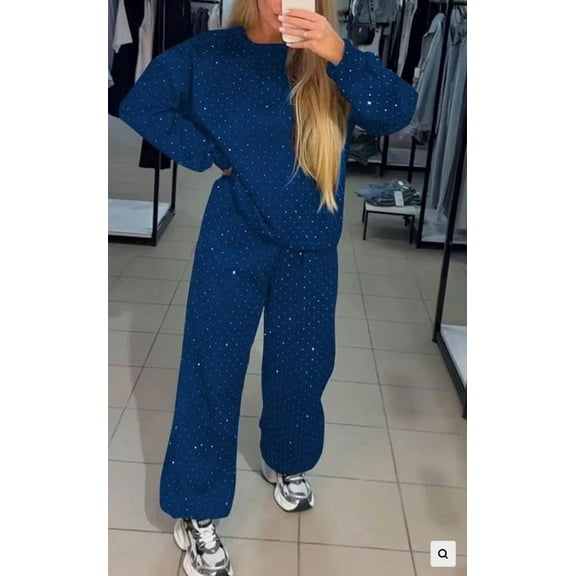 2025 Fall Winter Women's Casual Round Neck Long Sleeve Rhinestone Set with Drawstring and Elastic Cuffs Stylish Outfit