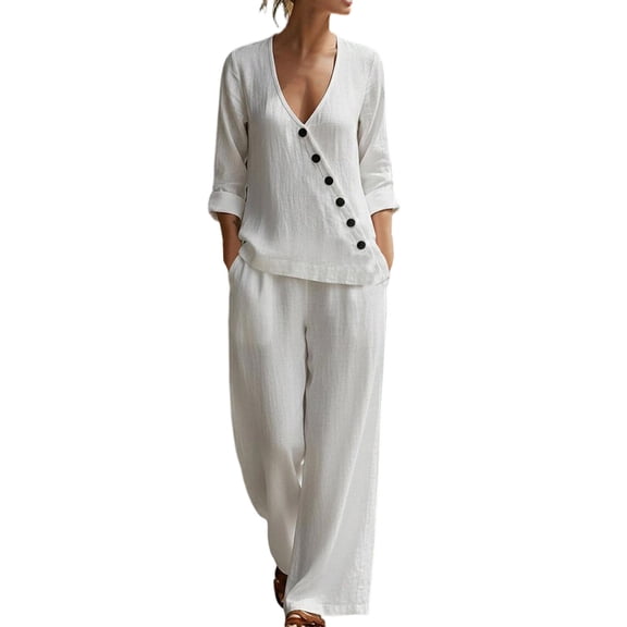 cfhntfmh Womens Sets 2 Piece Outfits 3/4 Sleeve V Neck Button Tops Palazzo Pants with Pockets Cotton Linen Clothes
