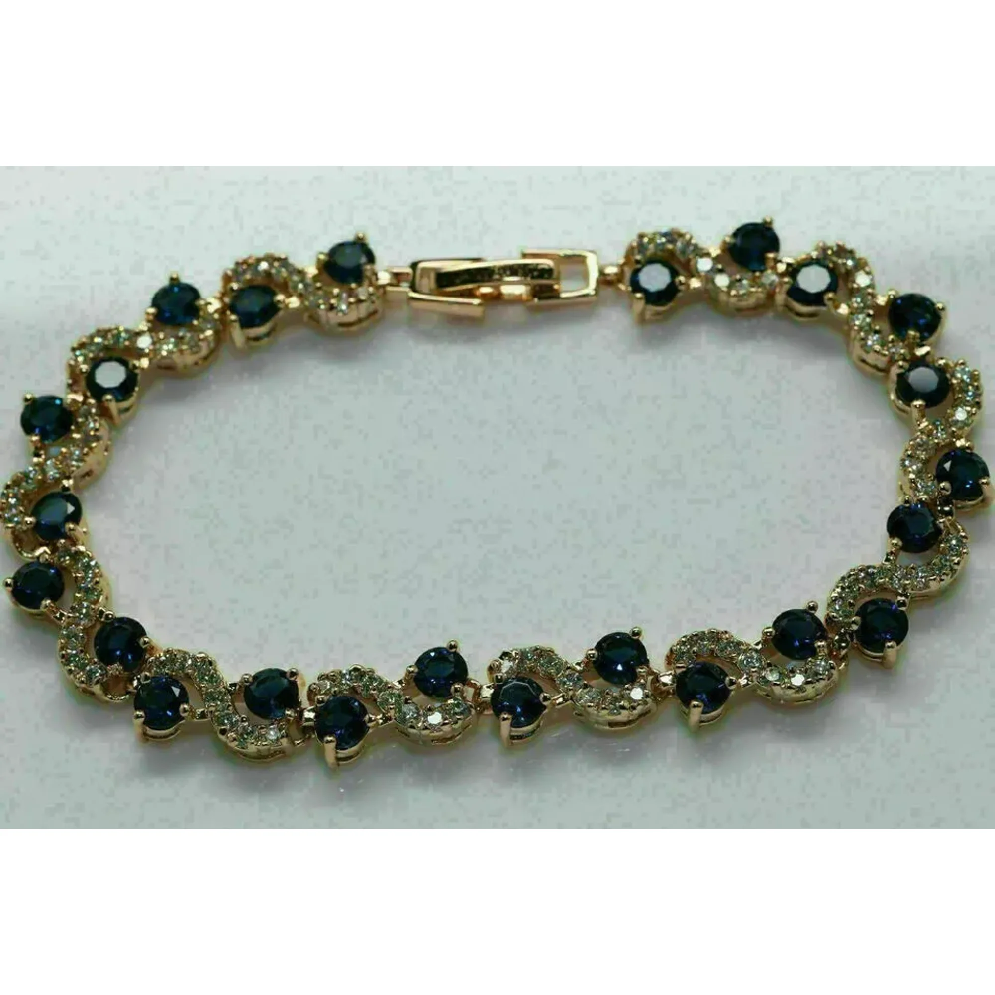 7.42 Ct Round-Cut Simulated Sapphire Fancy Tennis Bracelet 14K Yellow Gold-Plated Sterling Silver
