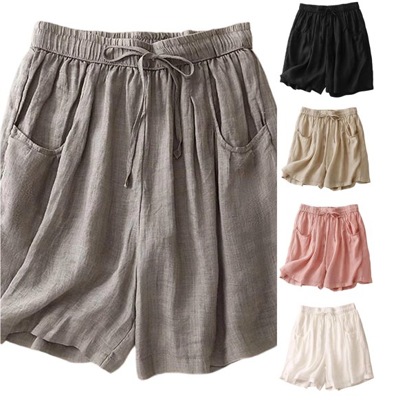 CAIVO Women Summer Linen Blend Wide Leg Shorts Elastic Waist Comfortable Casual Retro Style Loose Fit Cropped Birthday Outdoor Work Solid Color Bottoms