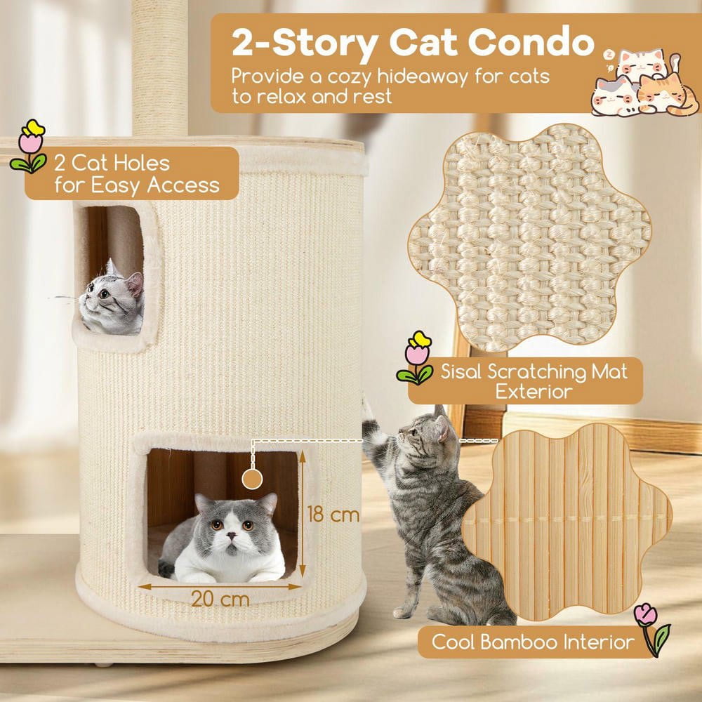 Resenkos 60-Inch Tall Cat Tree with Two-Story Condo and Sisal Scratching Posts, Natural