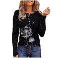thumbnail image 1 of Mujeres dientes de león impresión encaje costura manga larga o-cuello camisas blusa Tops Fridja hj3184, 1 of 7