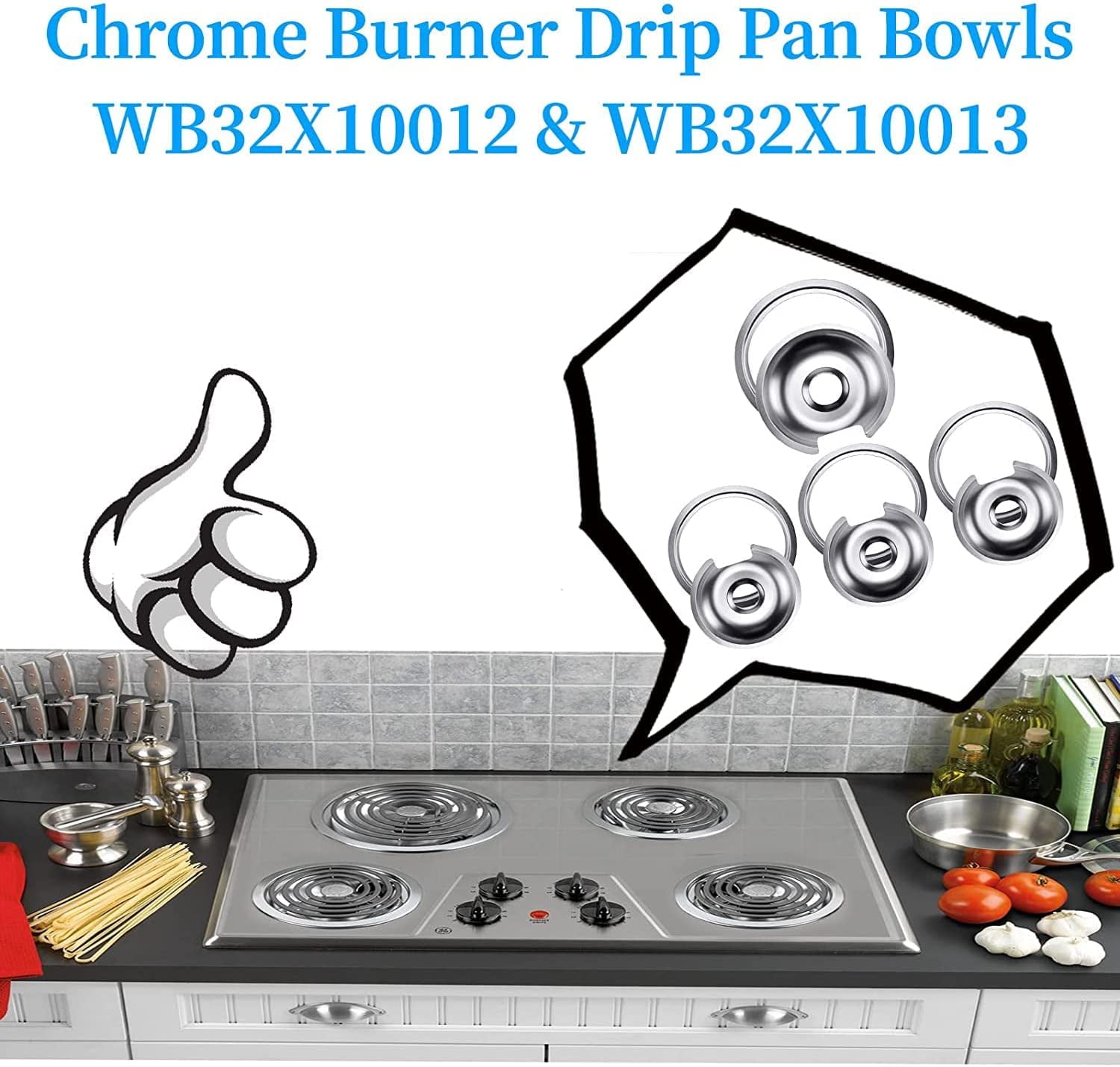Burner Drip Pans 2 Lar 8'' WB32X10013 & 2 Small 6'' WB32X10012 Chrome Drip Pan Set 4-Pack Fits for Hotpoint Electric Stove Top 6" Pan/Ring 8" Pan/Ring by