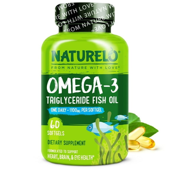NATURELO Burpless Omega 3 Fish Oil Supplement - 1100mg Triglyceride Omega-3, EPA   DHA, Liquid Fish Oil for Heart, Eye, Brain, Joint Health - 60 Softgels, 2 Months Supply