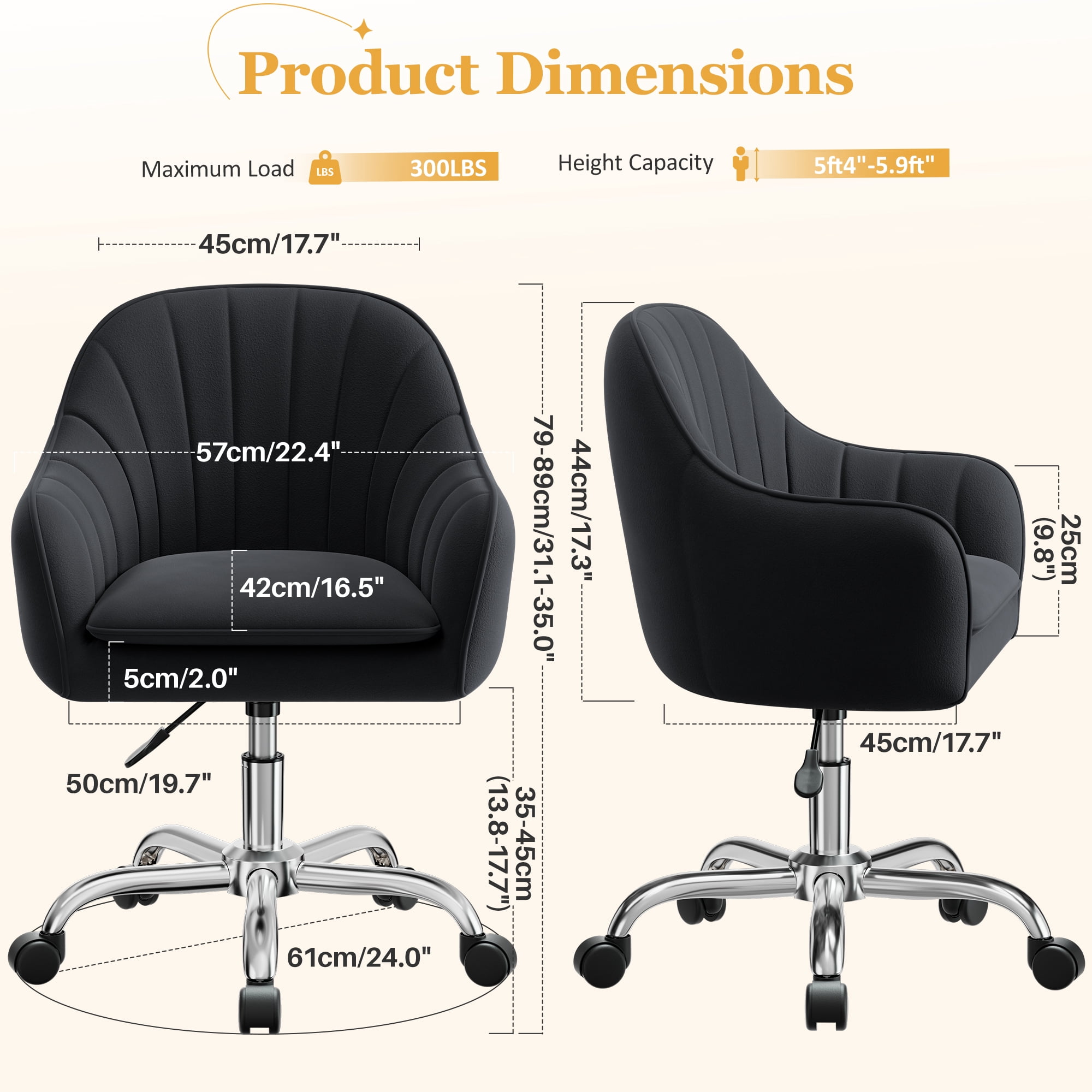 COOLHUT Office Desk Chair with Padded, Velvet Vanity Chair with Back and Wheels, Home Office Chiar with Sliver Legs, Height Adjustable, Rolling Chair for Vanity Room, Makeup Room, Bedroom, Black