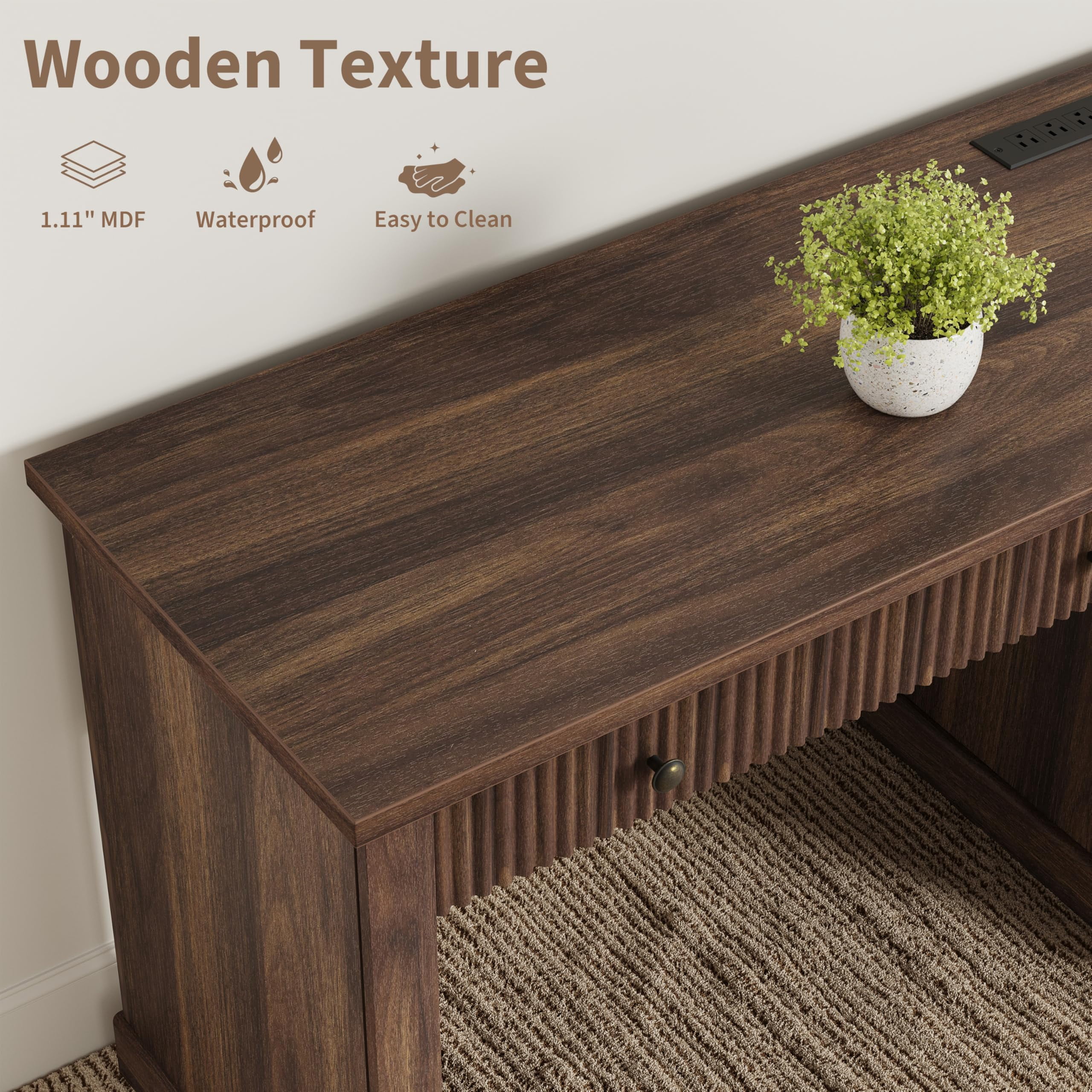Accreate 54'' Fluted Home Office Desk with Storage, Modern Executive Desk with Charging Station, Wooden Computer Desk with Drawers for Storage File, Writing Desk for Study, Living Room, Bedroom