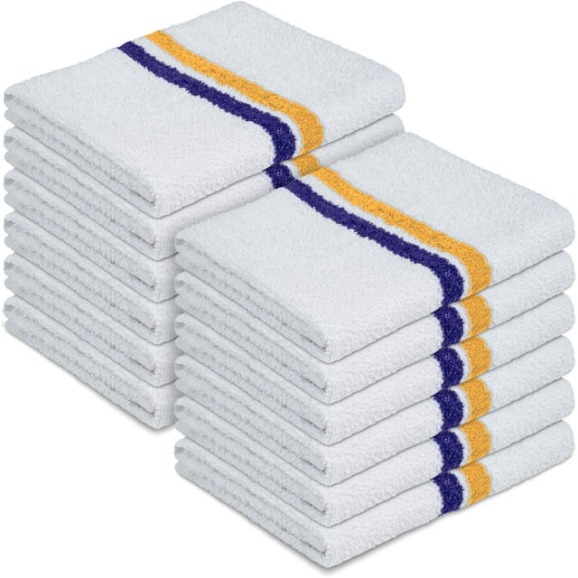 Canadian Linen White Bar Mops Double Stripe, 12 Pack, Soft Absorbent Cotton Lightweight Quick Dry Reusable Dishcloth for Kitchen Hotel Spa Salon Nursing