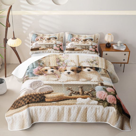 Homewish Cute Maltese Dog Twin Quilt Set,Pink Peony Flower Twin Coverlet Set,Cream,2-Piece