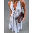 thumbnail image 6 of Blue And White Vertical Striped Deep V-Neck Halter Bow Front Smocked Waist Flowy A-Line Maxi Dress, 6 of 7