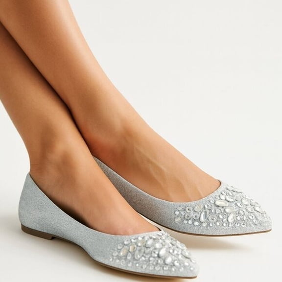 Lauren Lorraine Kelsey Women’s Silver Rhinestone Flats Pointed Toe Shoes Size 7.5