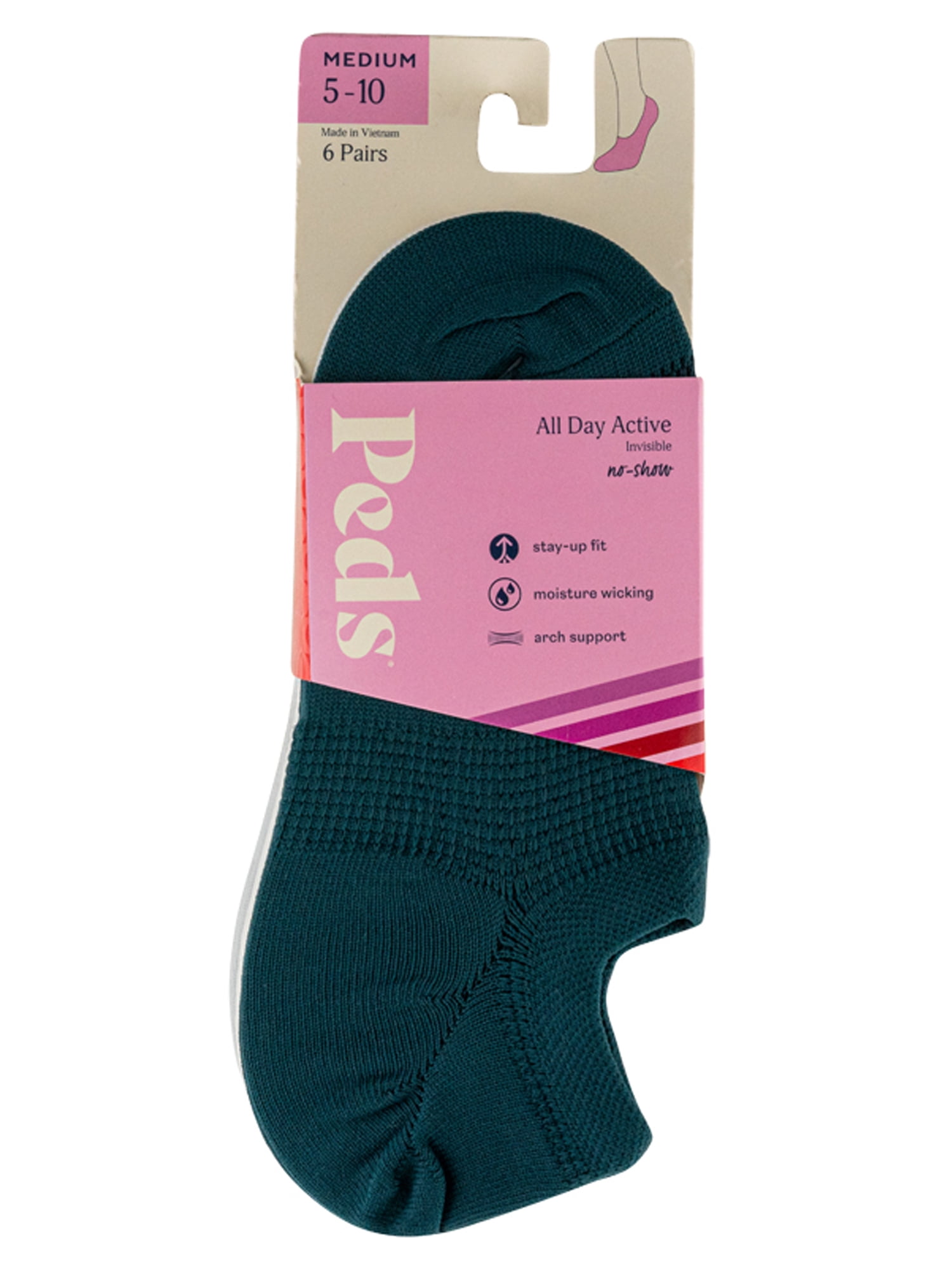 PEDS Women's All Day Active Nylon Invisible Socks Assorted, 6 Pairs, Sizes 5-10