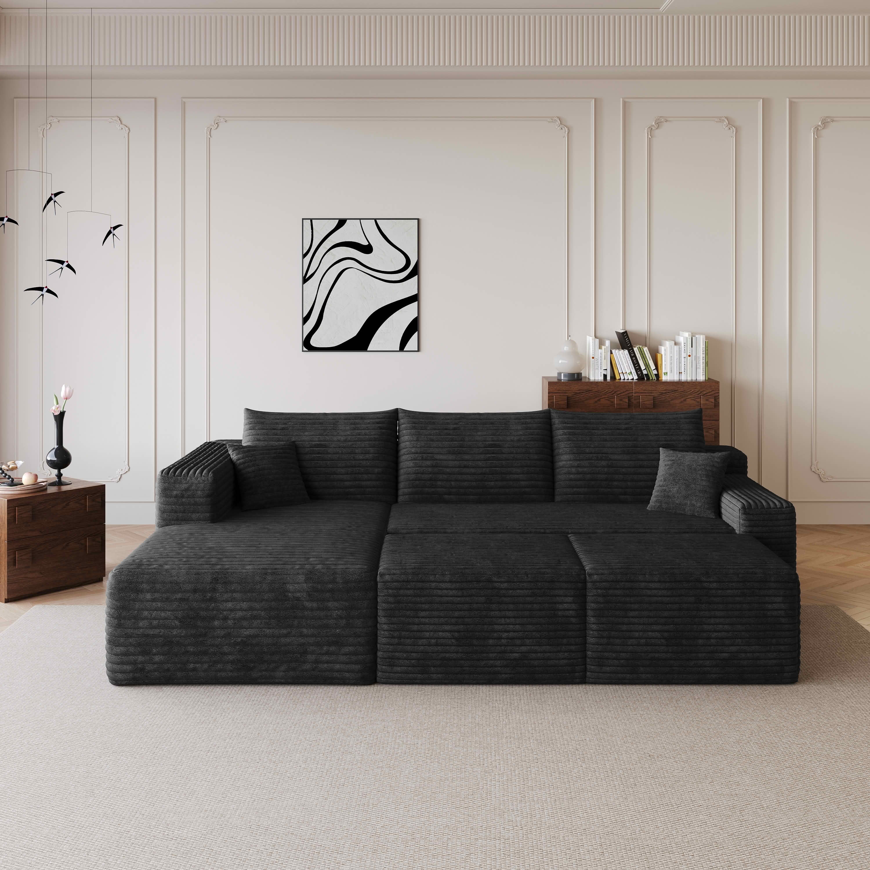 MAYEERTY 95" Cloud Sectional Sofa with 2 Ottomans, U-Shaped Corduroy Deep Seat Couch, No Assembly for Living Room, Black