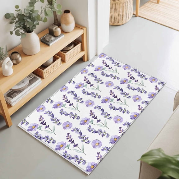 Entryway Rug 2'x3', Lavender Floral Kitchen Runner Rugs Non-Slip Carpet Mats, Summer Pastoral Flowers Botanical Bedside Rugs Runners Washable Floor Carpet for Bathroom Laundry Room
