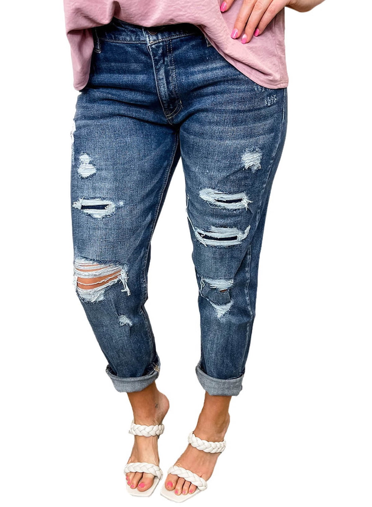 KUNMI Women High Waist Skinny Stretch Ripped Jeans Destroyed Denim Pants Plus Size 