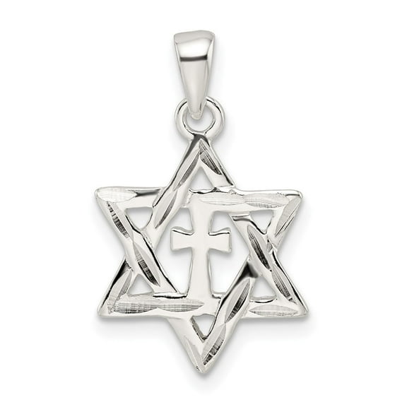 Diamond2Deal 925 Sterling Silver Diamond-cut Star of David with Cross Pendant for Women (L- 0.98 Inch, W- 0.59 Inch)