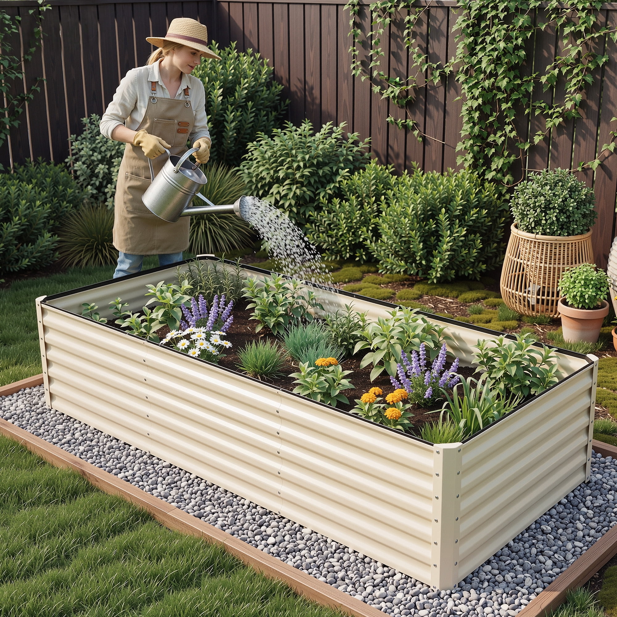 Uforic Galvanized Raised Garden Bed Kit, Metal Planter Box with Gloves, Metal Raised Garden Beds for Vegetables,Cream,8x4x2ft