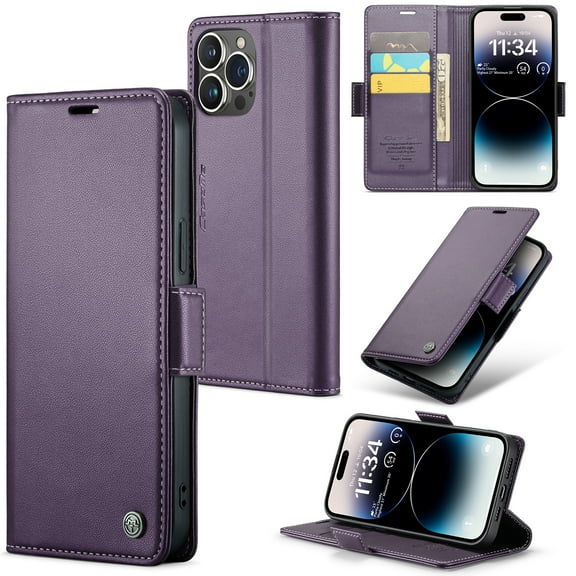 ELEHOLD Wallet Case for iPhone 14 Pro 6.1" Premium Leather Case wih RFID Blocking Function Card Slots Kickstand Magnetic Clasp Shockproof Cover for Men Women, Purple