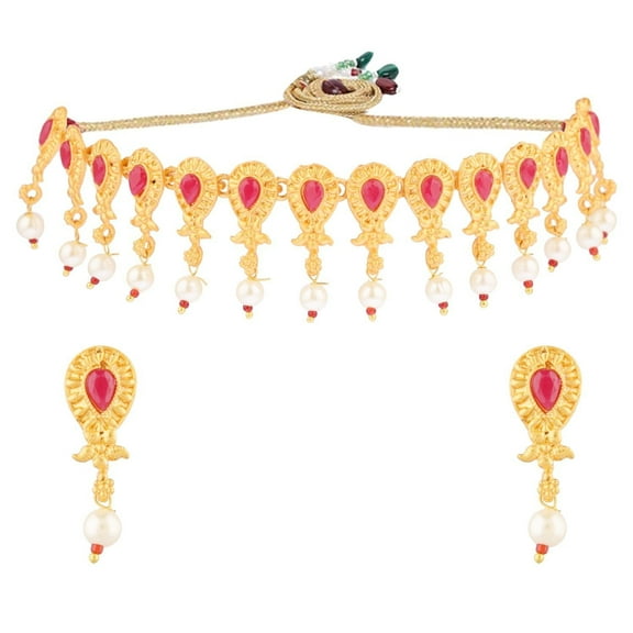 Efulgenz Indian Jewelry Set Traditional Antique Gold Tone Simulated Color Stone Tear Drop Shape Faux Pearl Drop Bridal Choker Necklace Earrings Wedding Jewelry Set for Women