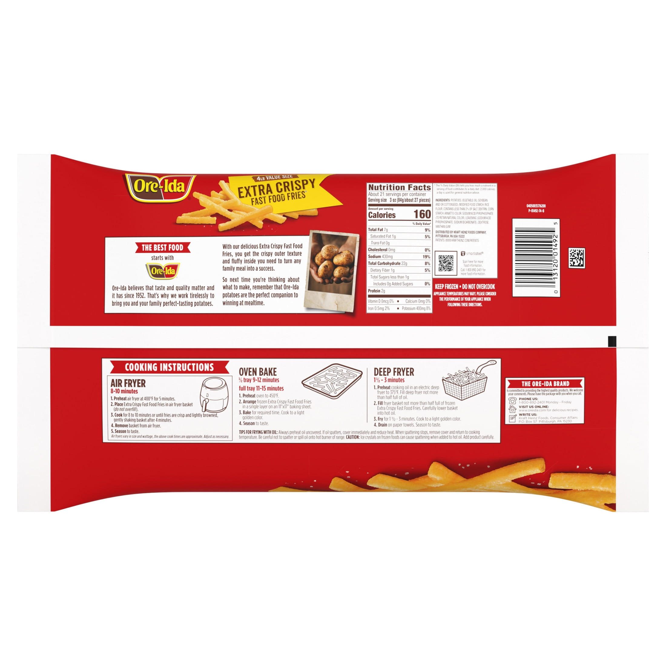 Ore-Ida Extra Crispy Fast Food Fries French Fried Frozen Potatoes, 1 Value Size Bag, for Easy Snacks and Dinner Sides, Gluten-Free, 4 lb