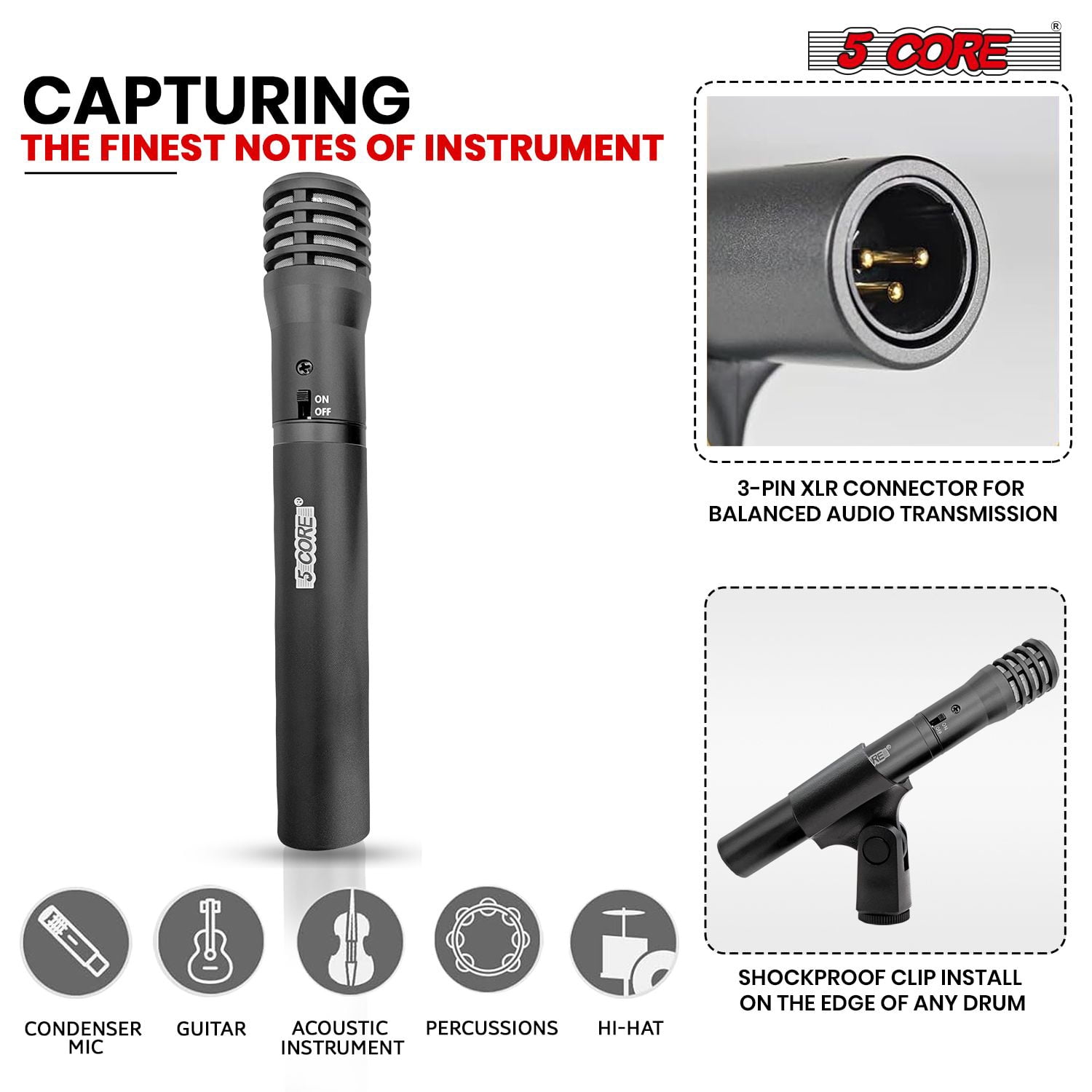 Professional Instrument Microphone Pencil Mic Condenser Cardioid Unidirectional Stick Microfono with Windscreen Mic Clip & Case -Black