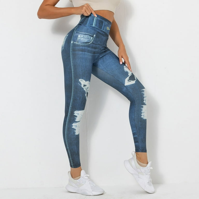 women leggings tummy control for work Women's Denim Print Jeans Look Like  Leggings Stretchy High Waist Slim Skinny Jeggings