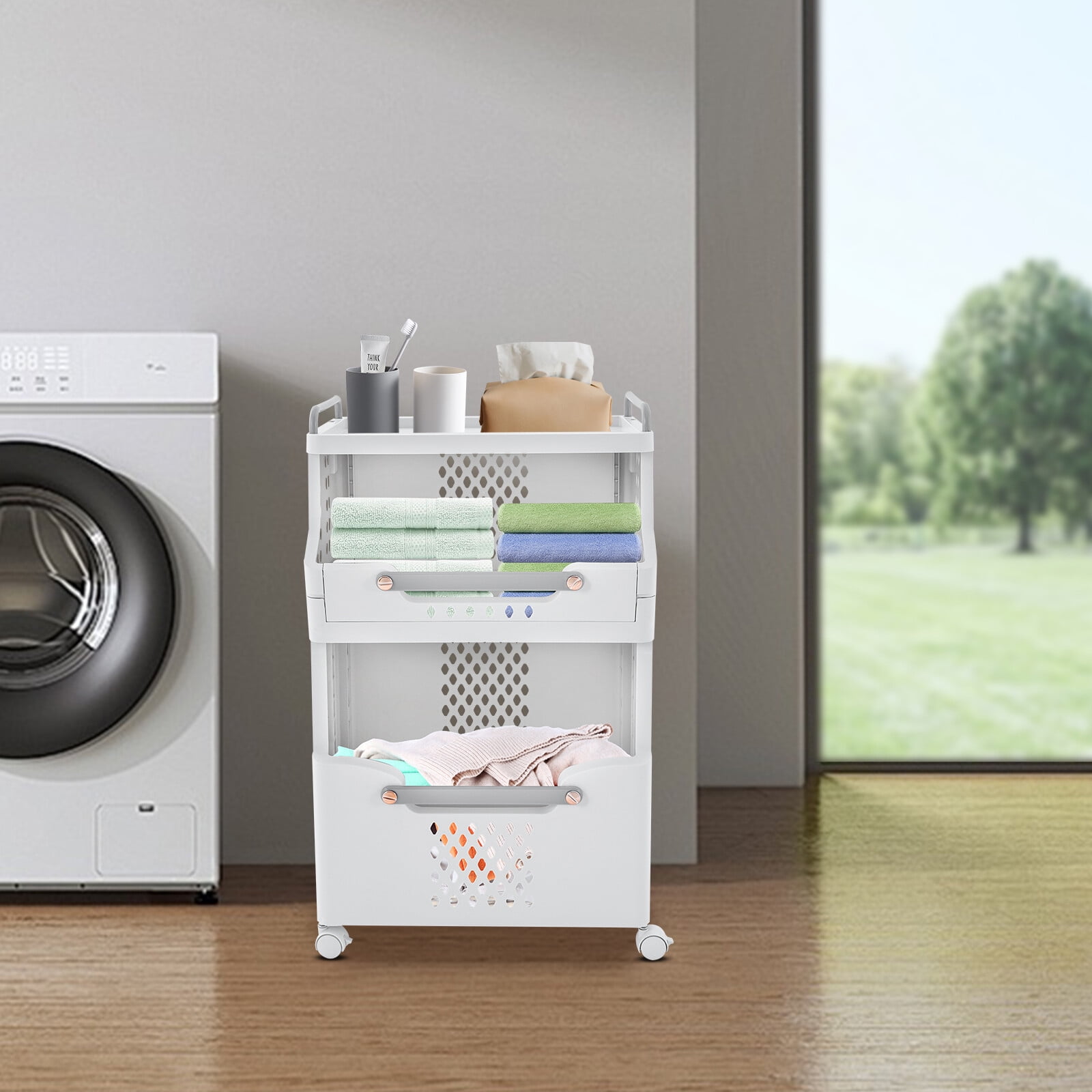 3-Tier Rolling Laundry Basket Organizer - White PP Storage With 4 Wheels, 43x33x109cm