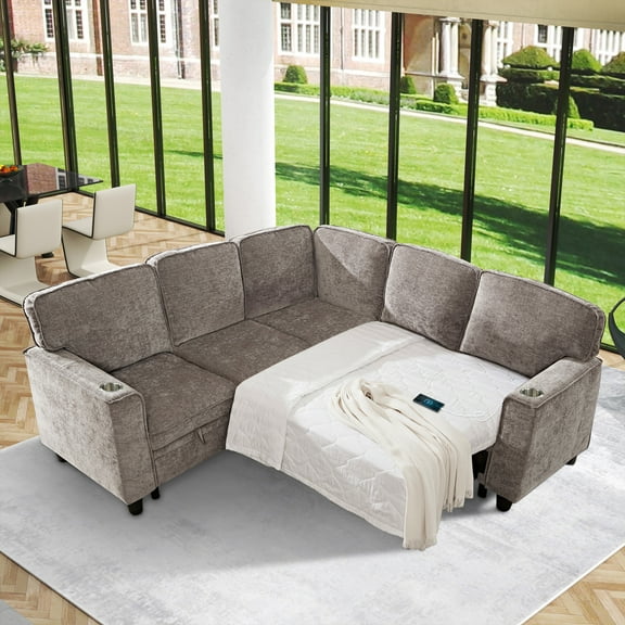 Aukfa Sectional Sleeper Sofa Bed w/Storage Seat, L Shaped Modular Sectional Sofa with USB Ports and Cup Holders for Living Room, Brown