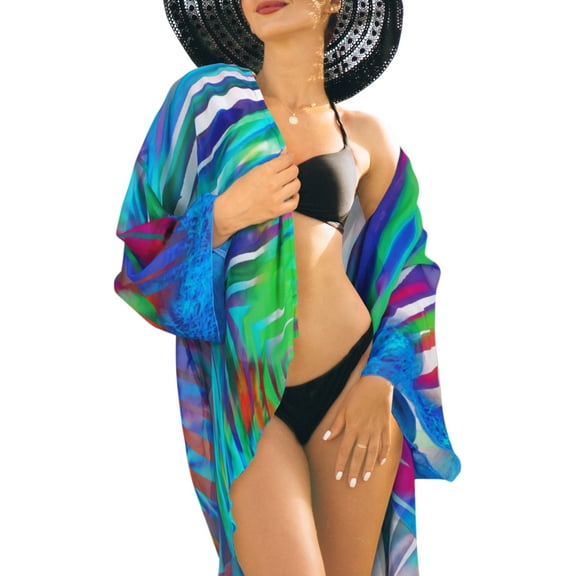 LA LEELA Women's Chiffon Summer Tropical Beach Loose Casual Bikini Tops Swimwear Cover up Kimono Beachwear Duster Cardigans for Women L-XL Colorful, Chevron Stripes