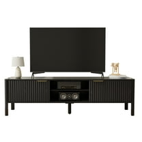 Wood TV Stand, Mid-Century Modern Black Entertainment Center with Fluted Door Storage Cabinets and Adjustable Open Shelves for Living Room Bedroom