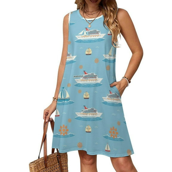 Women Clothing Dress Ocean Cruise Ships Round Neck Sleeveless Length Dress